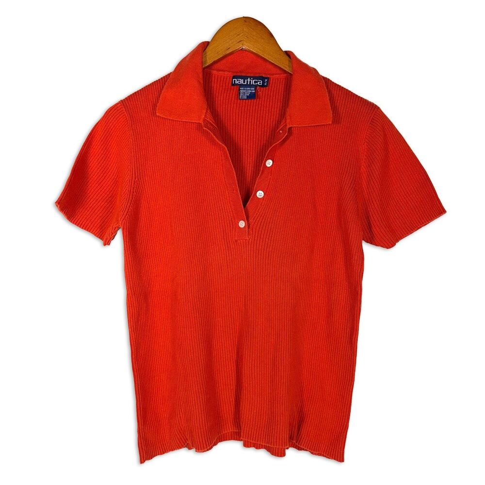 Y2K Nautica Rib Knit Polo Top Orange Cotton Short Sleeve Womens M